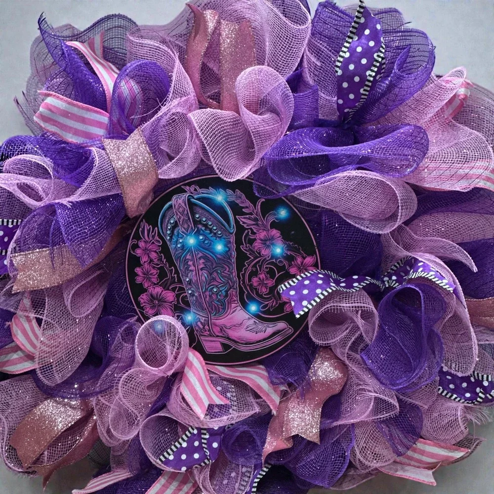 Handmade Western Mesh Wreath; Purple and Pink Wreath with a Western Flair